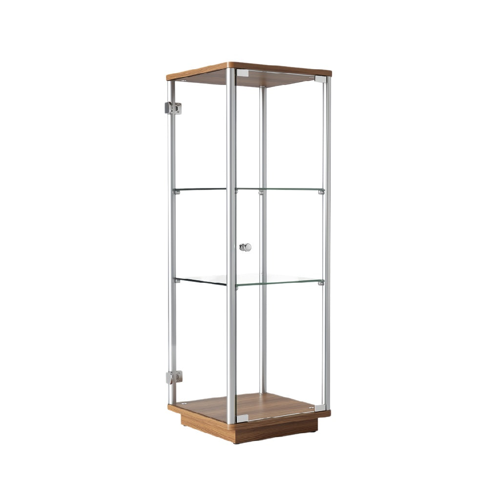 Modern Glass Display Cabinet with Wooden Base and Adjustable Shelves